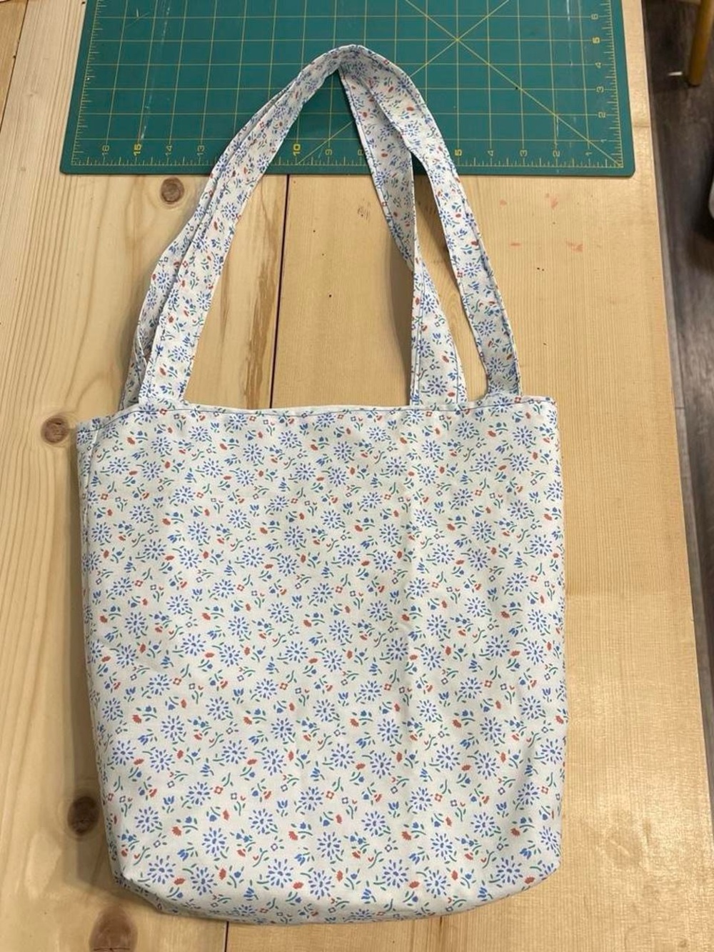 HANDMADE Floral Print Cotton Tote Bag in White and Blue